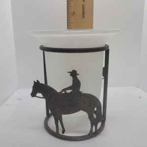 Cowboy on Horse Equine Western Votive Candle Holder Metal and Glass